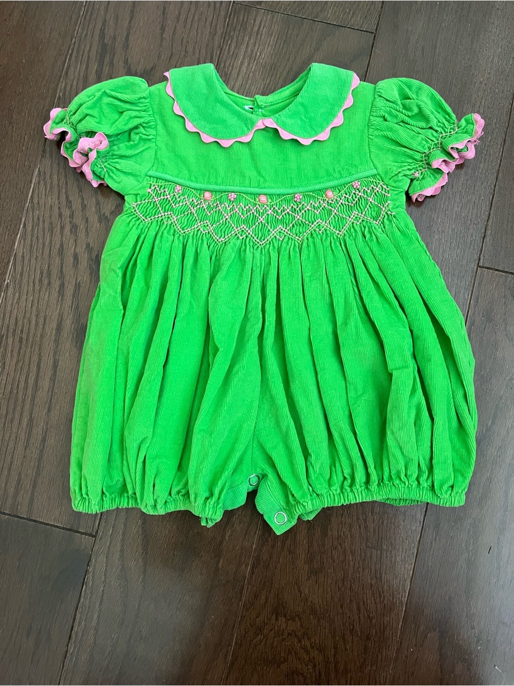 Classic Smocked Green Bubble Romper with Pink Trim